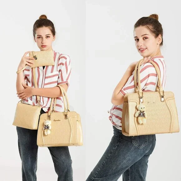 Women's Yellow Faux Leather Top Handle High Quality Smooth Zippers Tote Bag - Picture 2 of 4